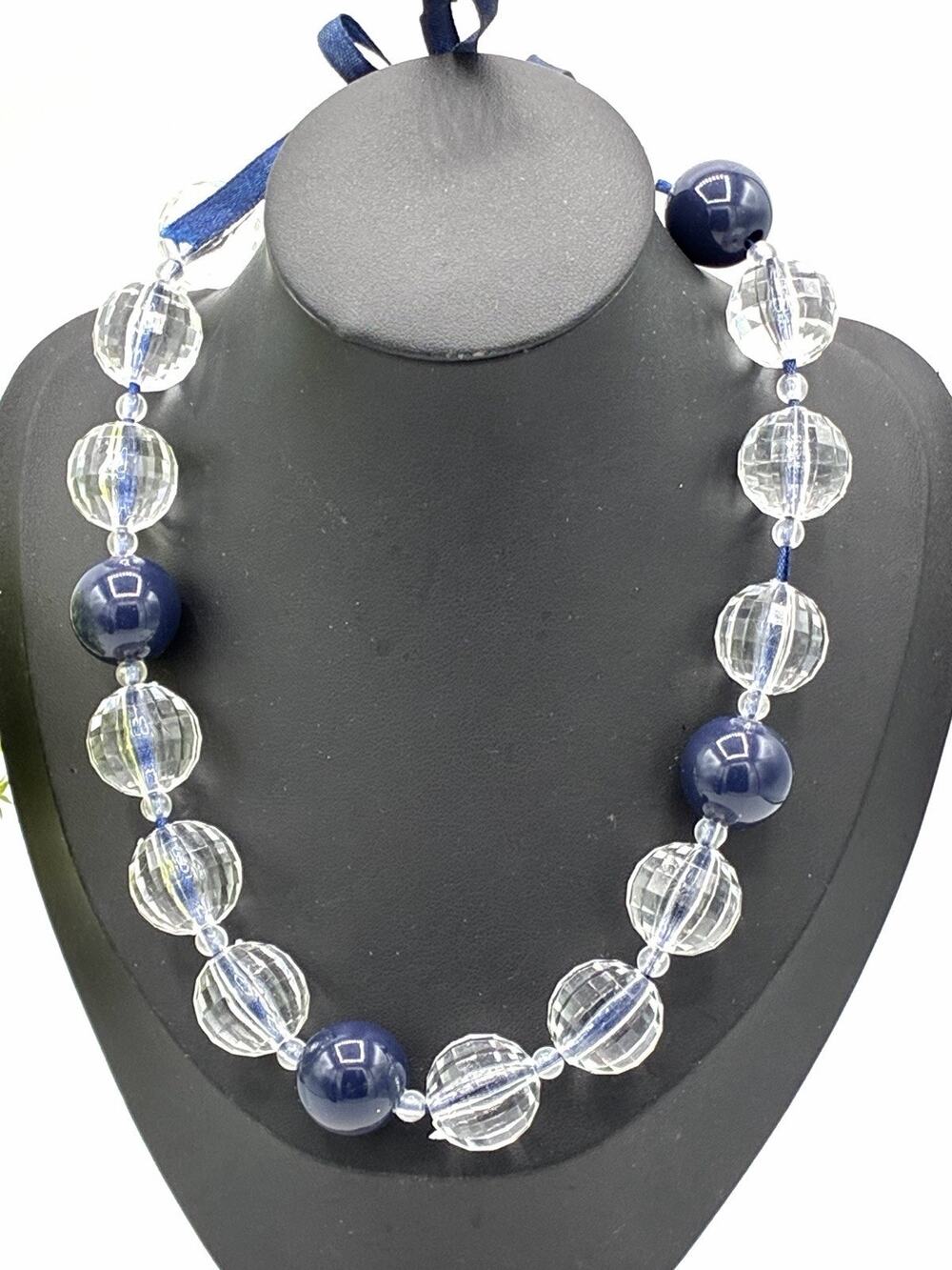 14” Navy Blue Clear Faceted Bead Ribbon Tie Necklace Statement Jewelry